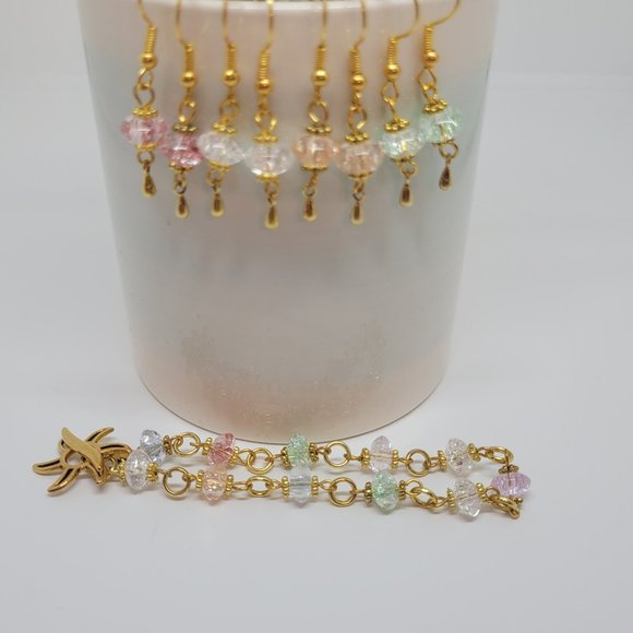 5 Piece Set - Gold plated mixed color crackled glass bracelet and 4 sets of earr - Picture 3 of 8